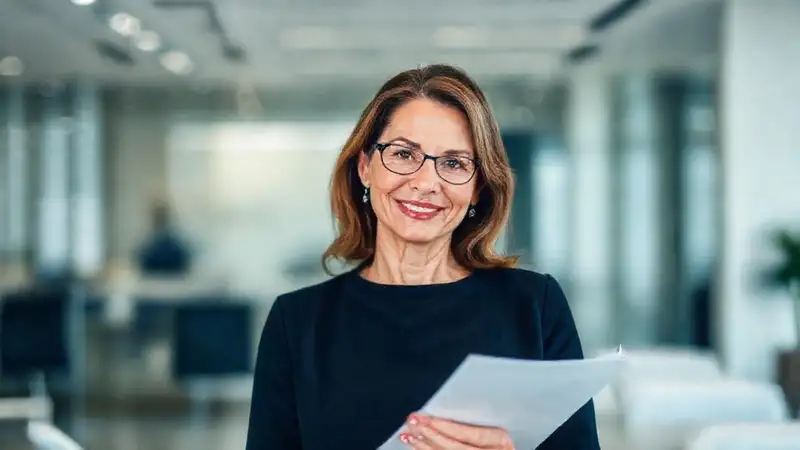 Mujer madura renueva documentos con optimismo