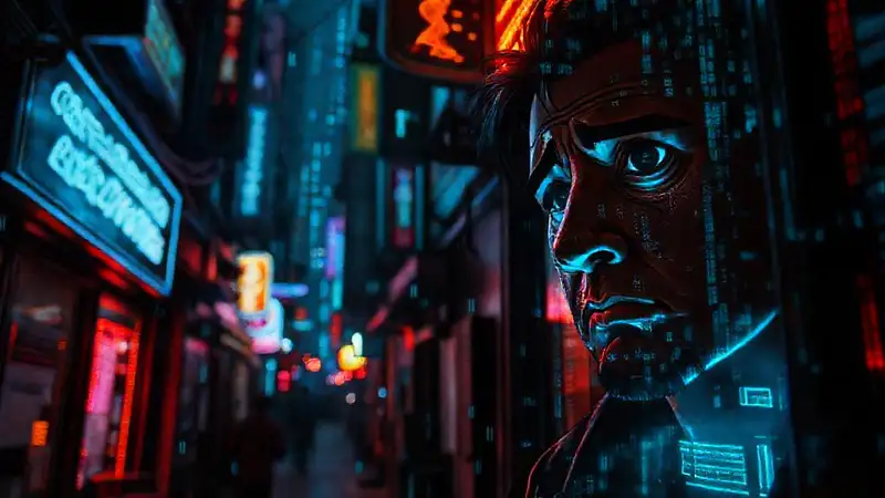 Ciudad cyberpunk: datos brillantes y preocupación