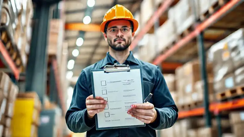 El técnico revisa el almacén de forma profesional