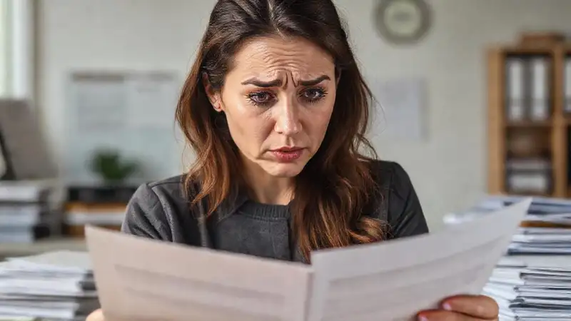 Una mujer asustada lee términos de seguro