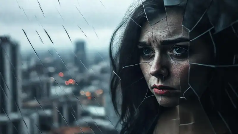 Mujer ansiosa refleja una triste ciudad