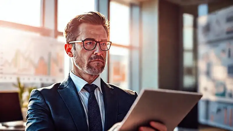 El hombre de negocios analiza prosperidad financiera