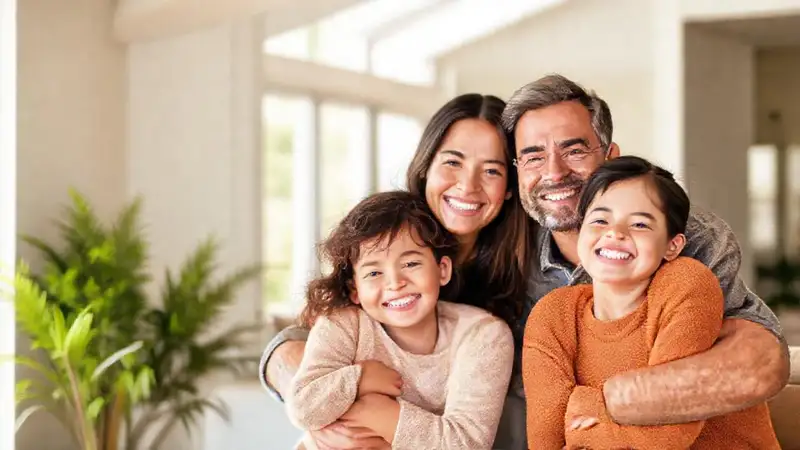Familia feliz, hogar moderno, seguridad financiera