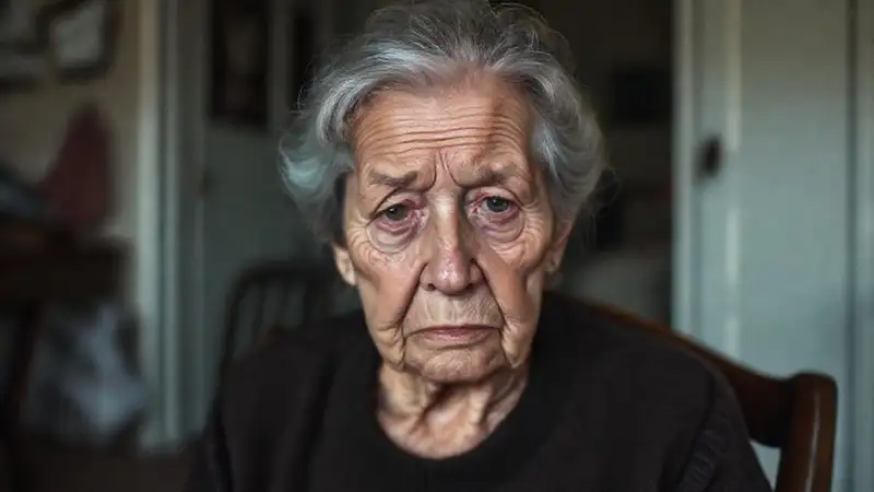 Una anciana triste en un hogar