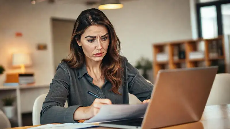 Mujer preocupada revisa pólizas de seguro