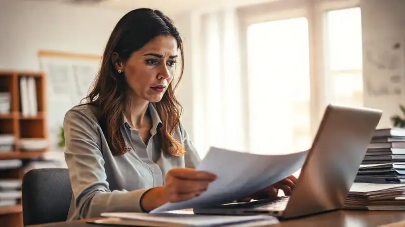 Mujer revisa documentos con preocupación profesional