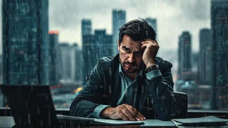 La ciudad lluviosa refleja un emprendedor estresado
