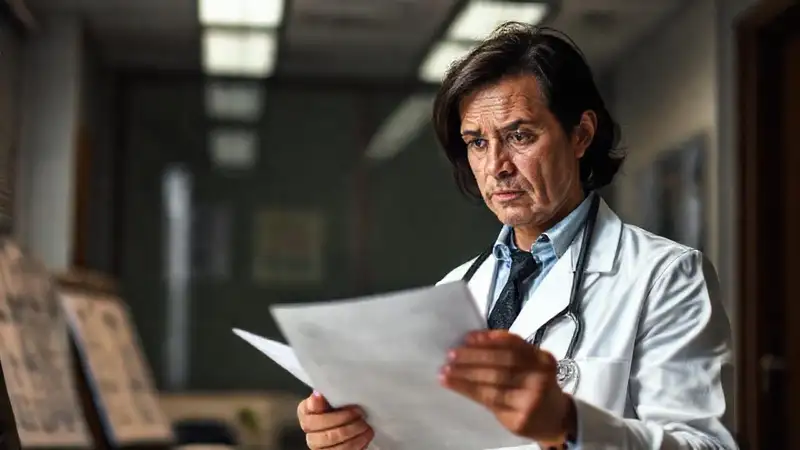 Agente de seguros examina documentos con preocupación
