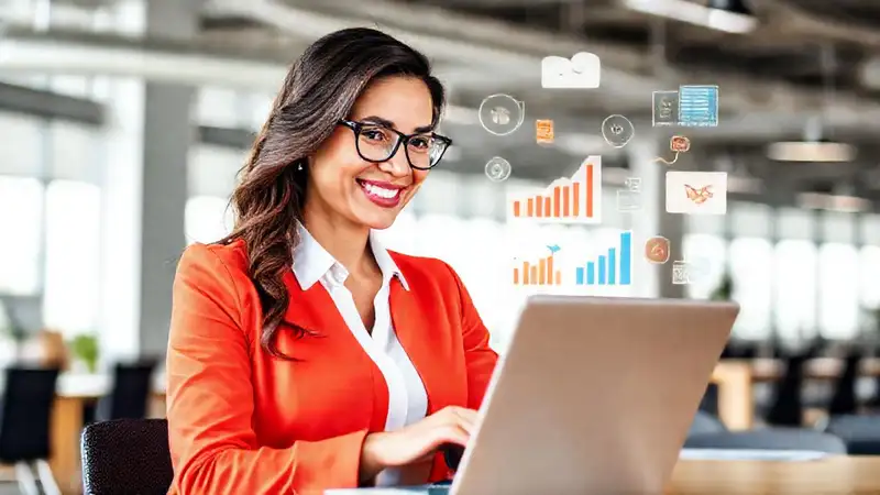 Mujer profesional triunfa en su entorno moderno