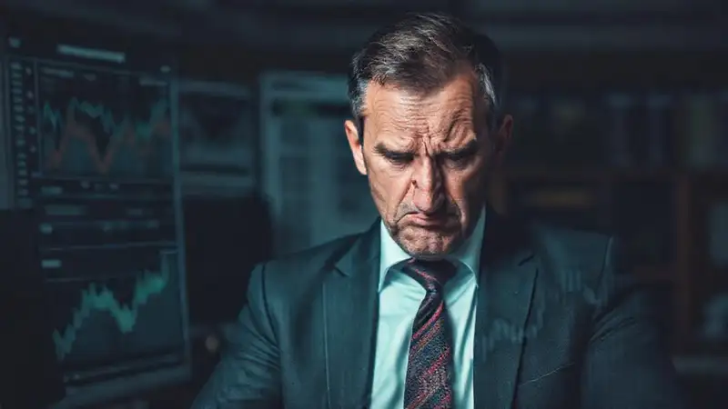 Mercado volátil, hombre ansioso, seguro financiero