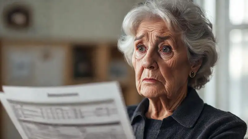 Una anciana confusa revisa papeleo médico