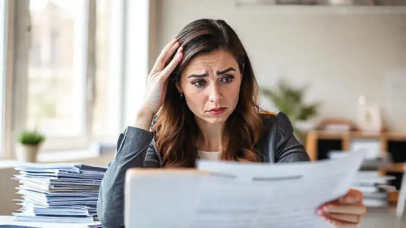 Mujer confusa revisa documentos de seguro