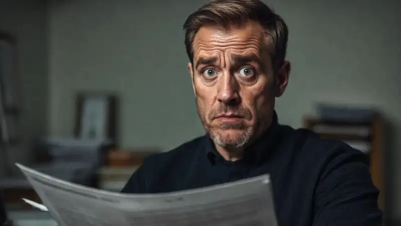 Un hombre confundido examina documentos preocupado