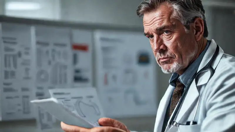 El médico examina al paciente con seriedad