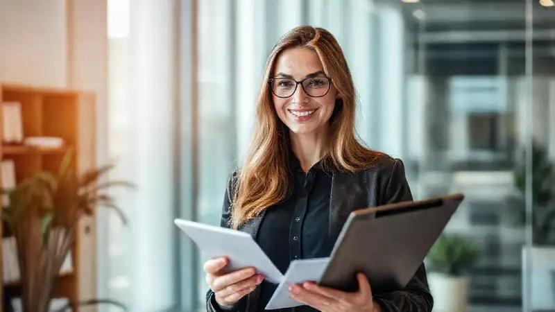 Abogada freelance usa tablet digitalmente