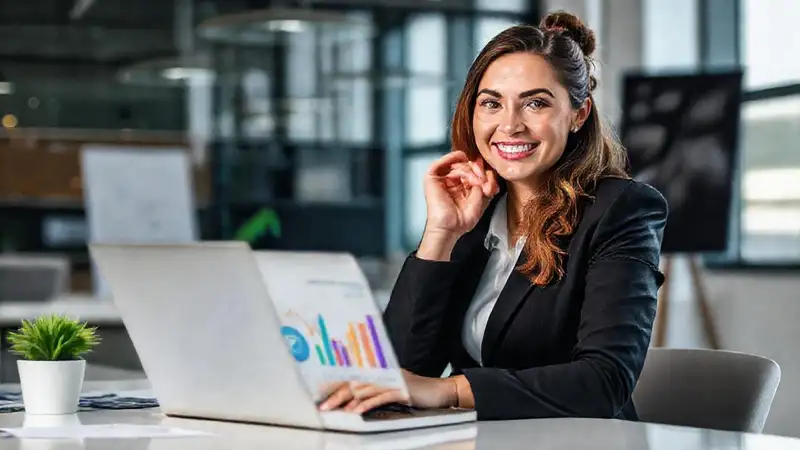 Una mujer exitosa presenta una startup digital
