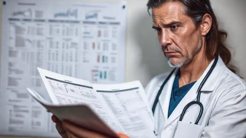 Médico preocupado revisa datos complejos