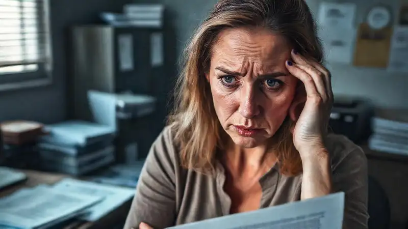 Mujer angustiada revisa documentos legales sombríos