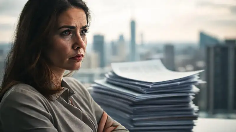 Mujer preocupada revisa documentos financieros