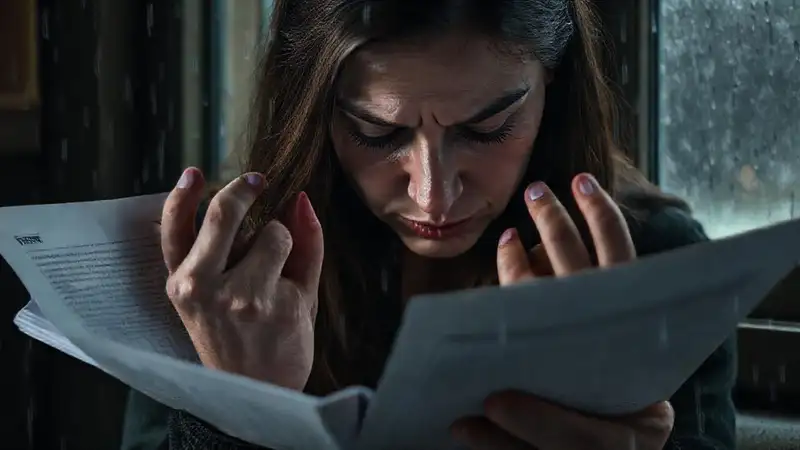 Una mujer afligida examina documentos legales