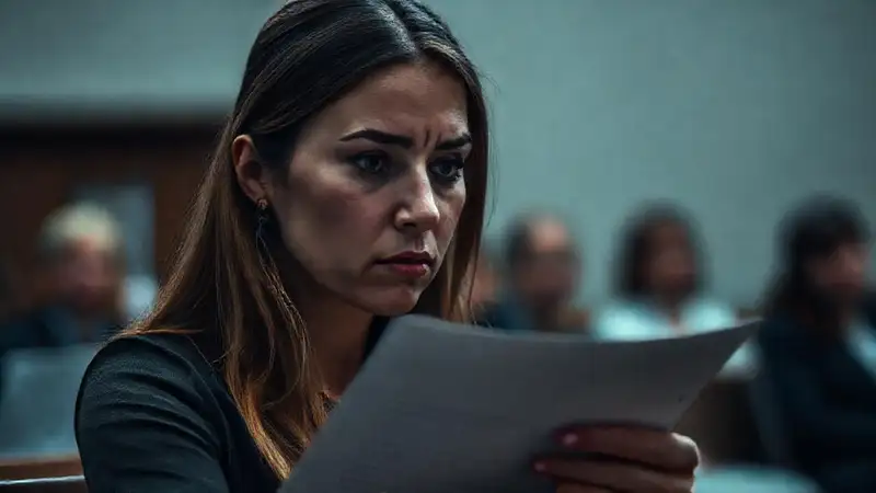 Una mujer ansiosa examina documentos legales oscuros