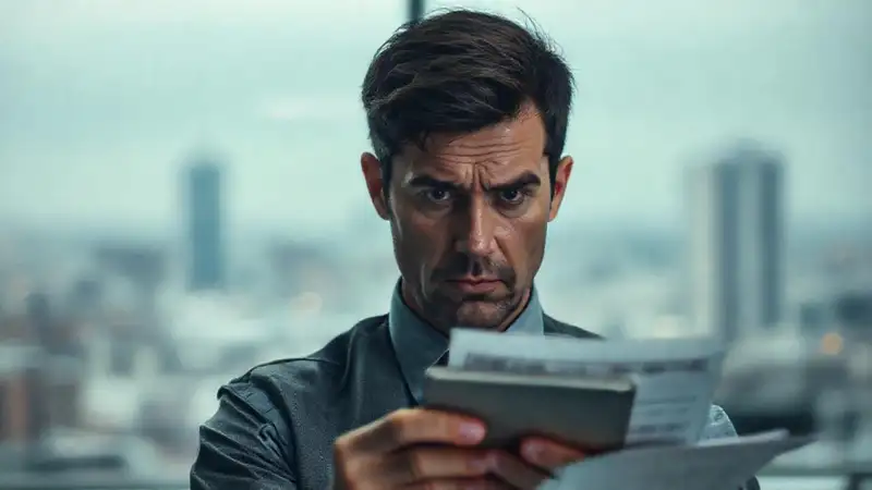 Un hombre serio analiza finanzas con ansiedad