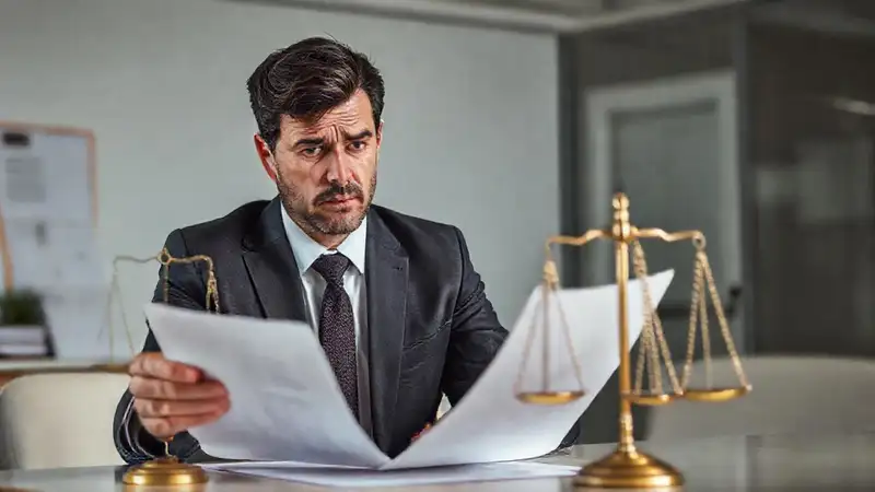 Un abogado preocupado firma un contrato legal