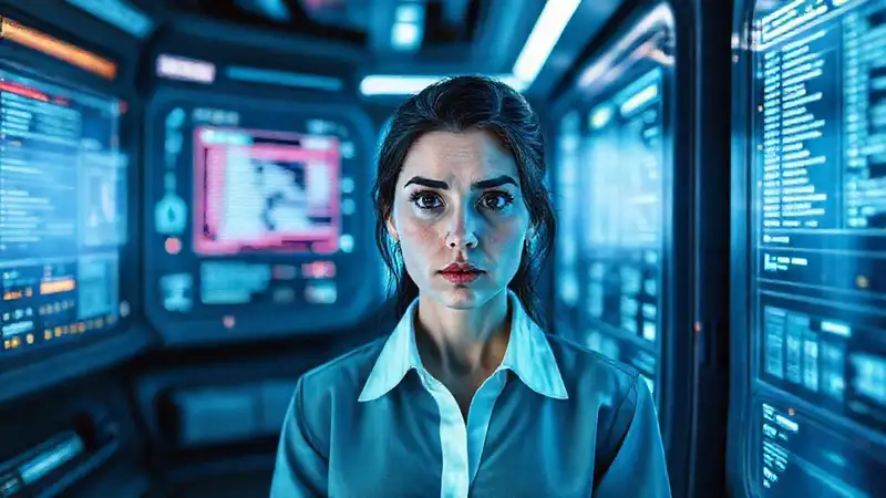 Una mujer contempla una interfaz digital compleja