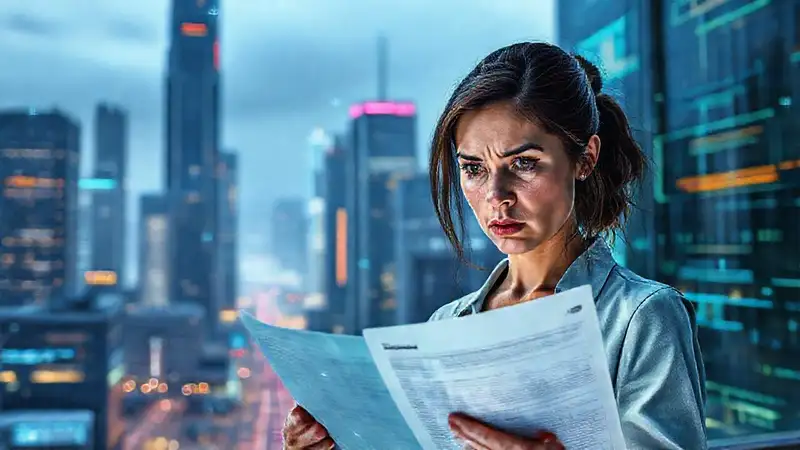 Una mujer ansiosa revisa documentos futuristas