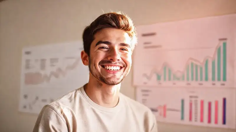 Joven feliz, finanzas optimistas, diseño minimalista