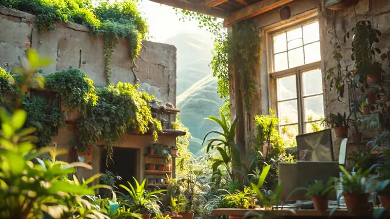 Un emprendedor ilusionado trabaja en un espacio verde