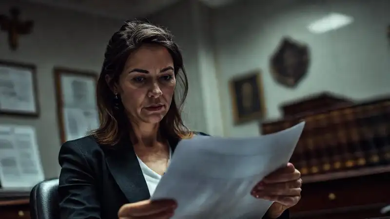 Abogada revisa documentos en ambiente serio