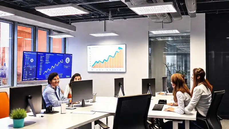 Oficina moderna fomenta el éxito y alegría