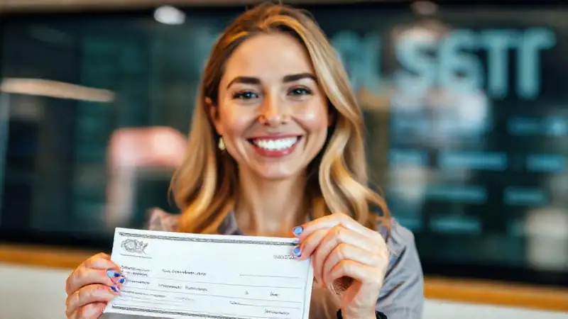 Una mujer feliz confirma un pago digital