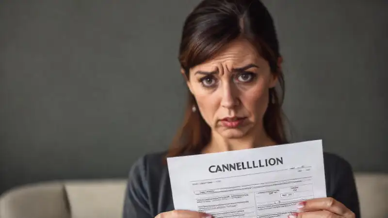 Mujer preocupada con un formulario de cancelación